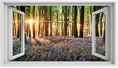 islandburner Prime Bild auf Leinwand Fensterblick Blühende Glockenblumen im Wald im Morge Bilder Wandbilder Poster