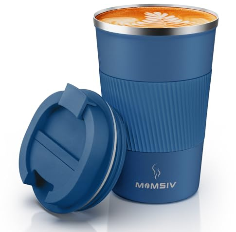MOMSIV Kaffeetasse, isolierte Kaffeetasse mit auslaufsicherem Deckel, rutschfest, Vakuum, wiederverwendbar, Edelstahl, umweltfreundlich, Reise-/Bürobecher für heißes und kaltes Wasser, Kaffee und Tee