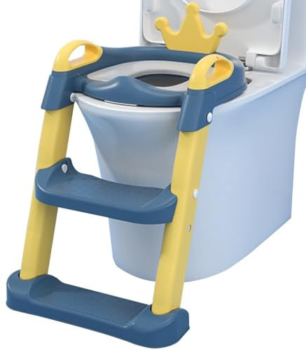Töpfchentrainer Wc Trainer Mit Treppe Süße Krone Toilettentrainer Mit Treppe Mit Rückenlehne, Verstellbares Falten Toiletten-Trainer Für Mädchen Und Jungen, Belastbarkeit 75kg (Color : Dark blue, S