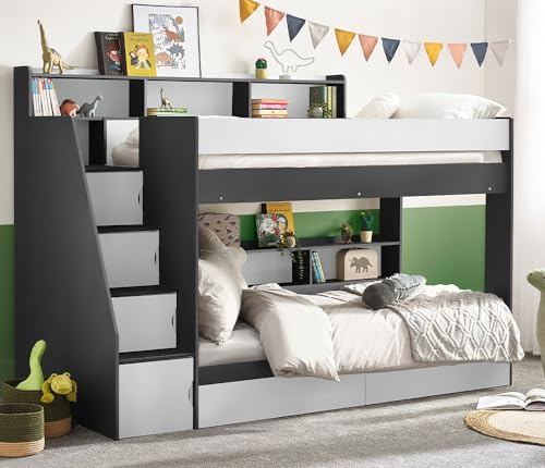 happybeds Tuscan Grey and White Wooden Staircase Bunk Bed, 3ft Single | 3ft Single, Wooden Staircase Bunk Bed, Frame Only, Grey, White, Cupboard, Storage Shelves, Solid Slatted Base, 90 x 190 cm