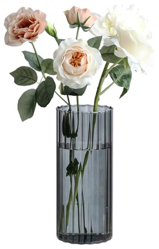 ComSaf Jarrones cilíndricos de 8 pulgadas de alto para centros de mesa, jarrones acanalados grises para centros de mesa, decoración de deshierbe, jarrones transparentes de 8 pulgadas de alto,