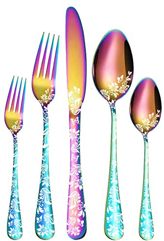 Cutlery Set, Stainless Steel Flatware Set,transparent plastic, Spoon Knife and Fork Set,20-Piece Modern Electroplated Patterned Kitchen Silverware Tableware Set Service for 4 People,18/10 Stainless St