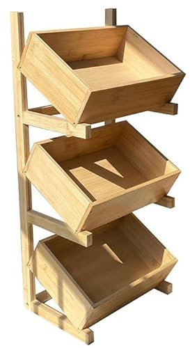 Étagère de plancher en bois massif, fruits à trois couches, pain, panier de stockage de légumes, support de stockage de casse-croûte,Natural