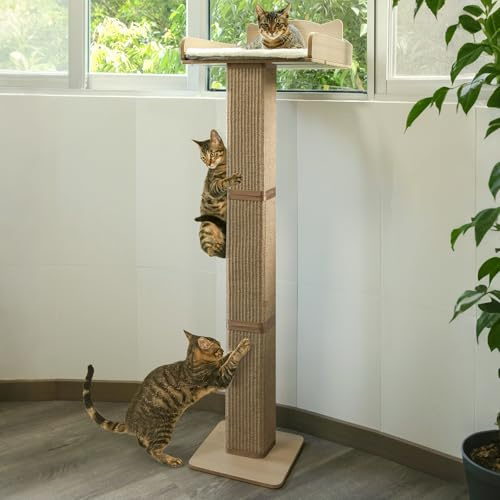 Katzenfensterstange mit dickem Sisal-Kratzbaum und Katzenhängematte, 135,9 cm, verstellbar, hoch, 2 Upgrade-Saugnäpfen, flauschiges Katzenbett, Jute