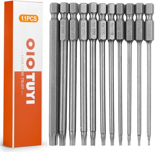 OioTuyi 11 Stück Torx Bit Set Lang, Magnetisch, 100mm Extra Lang, Bit Set Lang, Torx Schraubendreher, Lange Bits Set, Torx Mit Loch Set, S2 Stahl
