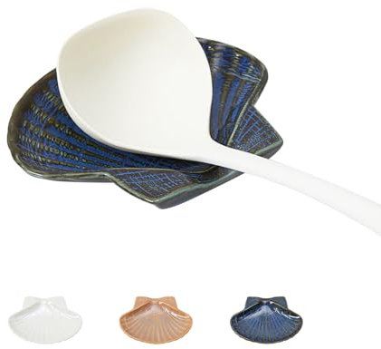 Pretty Jolly Ceramic Spoon Rest for Stove Top Shell Shape Large Kitchen Spoon Holder for Counter Blue Utensil Rest for Coffee Bar Home Decorative Cooking Spatula Rest 5.9in