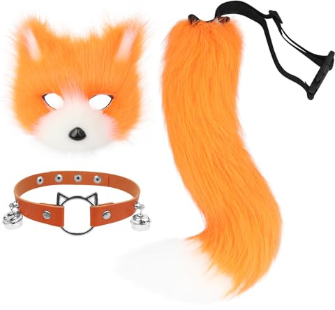 hbbhml Kunstpelz Fuchs Maske Wolf Katze flauschiger Schwanz und Leder Halskette Set Halloween Party Kostüm Accessoire