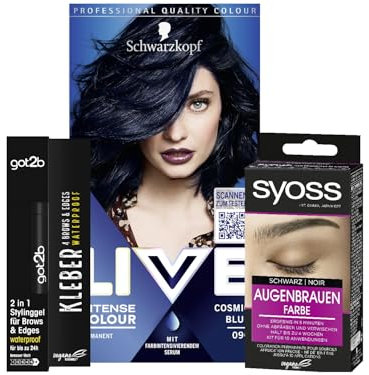 Schwarzkopf LIVE Intense Colour Haarfarbe 90 Cosmic Blue (142 ml) Blondierung & Syoss Augenbrauenfarbe 1–1 Schwarz Stufe 3 (17 ml) & Kleber 4 Brows & Edges Waterproof (16 ml) Haar Mascara