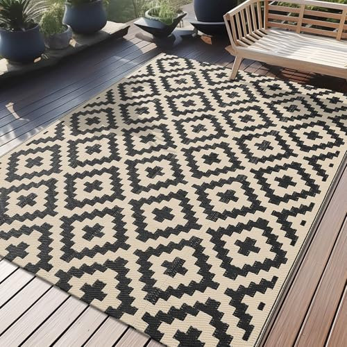 Homaxy Waterproof Outdoor Rug, Anti-slip Reversible Plastic Straw Garden Rugs, Easy Cleaning Carpet Patio Area Rugs for Camping, Deck, Beach, Picnic, Backyard (120 x 180 cm, Black & Beige)