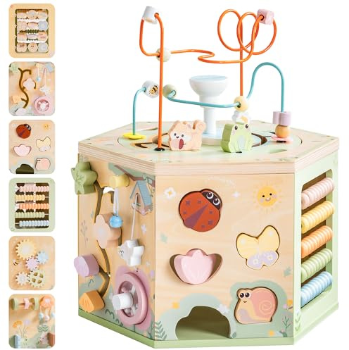ROBUD Cubo Motore in Legno, Grande Giocattolo motorio a Partire da 1 Anno, cubo attività a Partire dai 12 Mesi, Activity Cube per Bambini