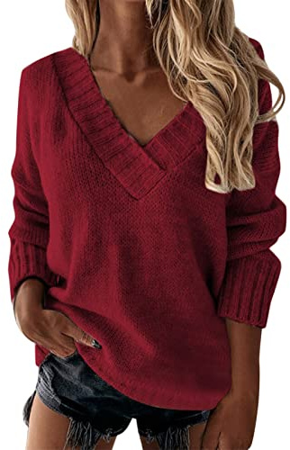 Genérico Jersey Punto Mujer Suéter Mujer Cuello Pico Jersey Mujer Otoño Jerseys Finos Suéter De Manga Larga Con Cuello En V De Color Liso Para Mujer SuéTer Fino Mujer Manga Larga (Vino, XXL)
