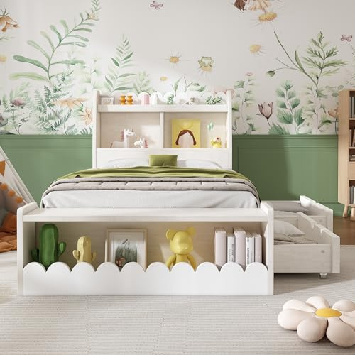 90x190 cmEinzelbett Kinderbett Stauraumbett mit Schubladen, Regal und Sitzbank mit Stauraum, Holzbett, Bettgestell und Lattenrost aus Holz, Weiß mit Eichefarben (Ohne Matratze)