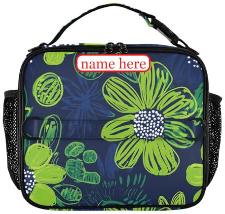 tplaotee Carnation - Lonchera personalizada para niños, resistente al agua, con correa de hombro extraíble, para escuela, picnic, vieiras, patrón de acuarelas, verde lima y azul marino