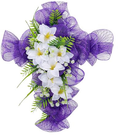 Mokylor -Lilien-Blumen-Kreuzkranz, Weiße Lilien-Girlande für die Haustür mit Grünen Blättern und Lila Netz, Frühlings-Lilien-Blumen-Kranz für Innen- und Außenbereich,