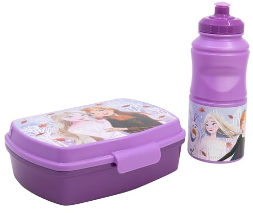 STOR Set Merienda Frozen - Fiambrera Rectangular y Botella Sport 380ml - Conjunto Escolar Infantil de Plástico Resistente - Ideal para Colegio y Excursiones