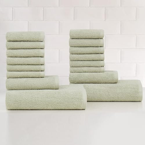 TRULY SOFT Essential Textured Sage 16-teiliges Handtuch-Set, solide strukturiert, für Damen und Herren, Oeko-TEX zertifiziertes Vertrauen