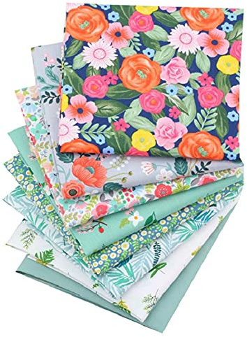 LetCart Nähen Patchwork Stoff, 8pcs Blumen 50 * 50 cm Baumwolle gedrucktes Stoff Set Baumwoll kleiner Schrottstoff für DIY, Kunsthandwerk (Grün gefärbte Blumen)