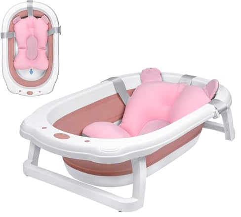 TATIVALO Baby Badewanne faltbar – Klappbare Reisebadewanne | mit rutschfestem Design, ergonomischem Kopfkissen für Neugeborene bis 3 Monate (Rosa)