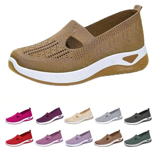 EURO JOY Orthopedic Walking Shoes for Women,2026 New Orthowalkway Womens Shoes,Woven Orthopedic Breathable Walking Sneaker Non-Slip Arch Support Slip on Shoes Brown 40