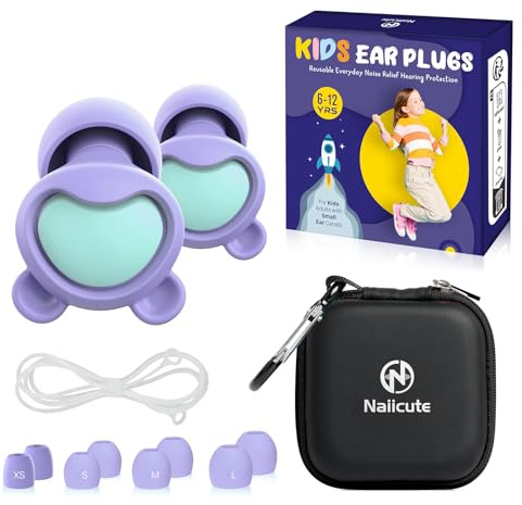 Naiicute Kids Ear Plugs 6+yrs, Reusable Noise Reduction Hearing Protection | Comfortable Silicone Ear Protection, Small Ear Canal, 26dB Ear Defender, 4 Tips, Focus Travel Concert Sensitivity Classroom