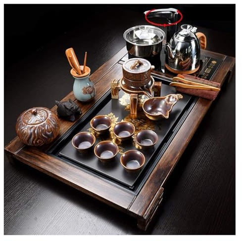 Service à thé Kung Fu – Ensemble complet de cérémonie du thé chinois avec plateau en bois massif, théière en céramique et chauffe-eau automatique pour une expérience de brassage authentique