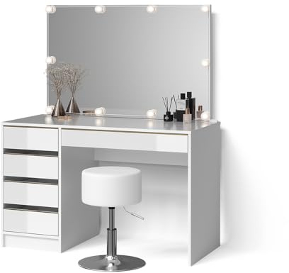 Livinity Schminktisch Imola Weiß/Gold | mit LED Beleuchtung und Hocker