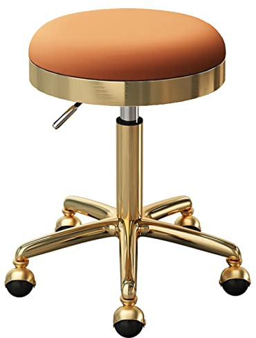 FHDCNTO Roll-Barhocker mit schwenkbaren Erdrädern, Schönheitssalons Counter Medical Chair, runder Sitz und Gold Edelstahlrahmen, verstellbar 47-64 cm (Farbe: Orange)