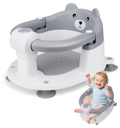 Siege de Bain pour Bebe,Siège de Bain pour Bébé dès 6 à 36 Mois,Siège Bain pour Nourrisson avec Coussin Antidérapant et 4 Ventouses,Anneau de bain,Main Courante Pliable,Ergonomique Douche ou Baignoire