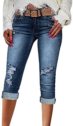 EQWIGKEIT Pantalones vaqueros 7/8 para mujer, elásticos, con bolsillos, pantalones vaqueros cortos, tres cuartos, ligeros, pantalones vaqueros de verano, leggings ajustados, pantalones capri 3/4, azul