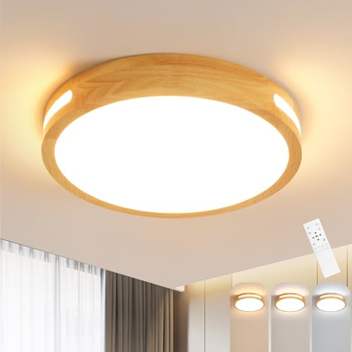 Riserva Deckenleuchte Holz Dimmbar mit Fernbedienung 64W, Rund, 3000K-6500K | Deckenbeleuchtung Modern für Wohnzimmer, Schlafzimmer, Kinderzimmer, Küche