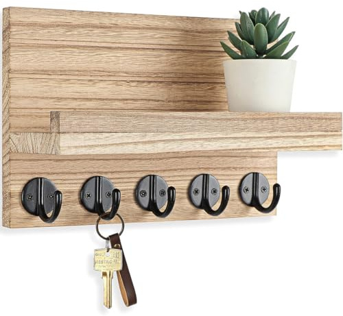 Homeily Holz Schlüsselboard mit Ablage & 5 Haken, Wandmontierter Schlüsselhalter für Eingang, Flur & Küche, Rustikaler Schlüsselorganizer für Schlüssel, Post, Dekoration. (Beige)