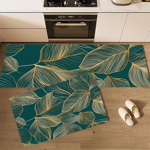 Tappetini da Cucina Foglie Di Salice Lineari 2 pezzi, Tappeto Cucina Antiscivolo Linee Di Lamina D'Oro, Tappeti da Lavabile per Corridoi, Sala Da Pranzo, Lavanderia 40x60cm+40x120cm, Verde Scuro