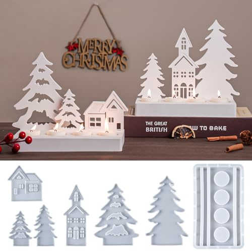 YODOYO Moldes de silicona para fundición de Navidad, 7 piezas, molde de silicona, portavelas, yeso, resina epoxi, moldes para casa, árbol de Navidad, molde de silicona, para decoración de mesa y