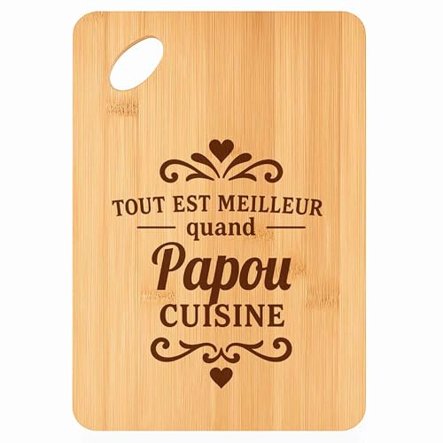 Planche à découper Meilleur quand Papou Cuisine - Plateau Apéro en Bambou Cadeau Gravé pour Homme Fête des Pères Cuisine Barbecue