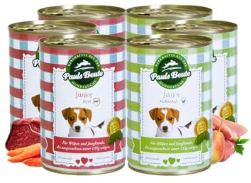 Pauls Beute Testpaket Welpenfutter Nass | 6 x 400g Huhn & Rind | Getreidefrei | Monoprotein | Glutenfrei | Laktosefrei | Premium Hundefutter Nass für wachsende Welpen | Gratis Dosendeckel