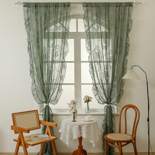 Fmorgen Französische Spitzenvorhang Durchlässig Spitzenvorhang, 2 Stück Spitzengardinen Gardinen Vintage-Fensterbehandlung Ösenvorhang für Wohnzimmer Schlafzimmer 140x160CM(BxL)