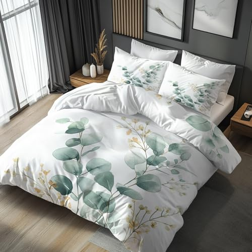 Generisch Eukalyptus Bettwäsche 135x200 Modern Blatt Motiv 2tlg, Weiche Mikrofaser Bettbezug & 1 Kissenbezug 80x80, Wendebettwäsche für Schlafzimmer Deko, Geschenke (QB162)