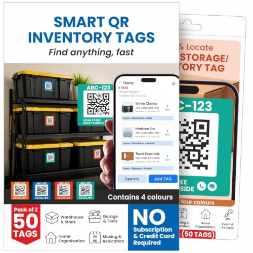 Letstrack 50Pcs in 4 Colours QR Smart Inventory Tags | Alexa Voice Search Scan Storage Stickers, Durable Color QR Coded Labels for Moving Parcel Boxes, Self Storage Bins, Home Office Garage Loft Use