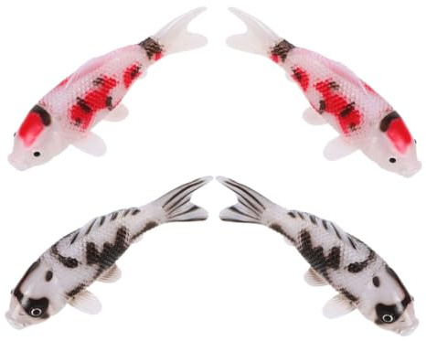 VICASKY 4 Stück Teiliges Realistische Koi Fisch Deko Schwimmfigur für Garten Teich Aquarium Lebensechte Kunststofffische in Rot schwarz Silber Schwimmende Teichskulpturen für