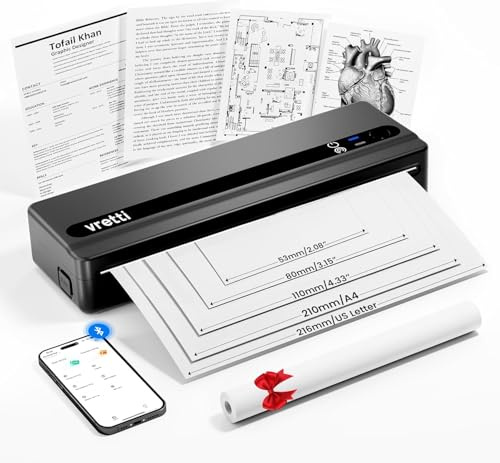 vretti PB821 stampante portatile, stampante termica portatile supporta la stampa di carta termica A4, stampante termica Bluetooth supporta iOS e Android, nero