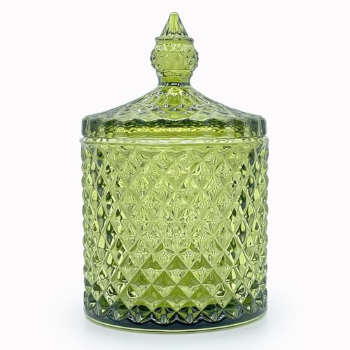 10 oz Olive Green Glass Candy Dish with Lid-Decorative Display Jar for Q-Tip Holder,Cotton Swab Storage,Bathroom Vanity Organizer,Home Office Decor