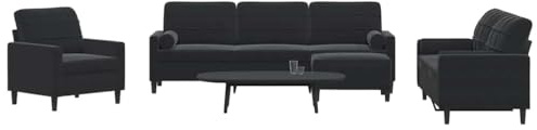 Runheo 4-TLG. Sofagarnitur, Schwarz Samt, Metallgestell, mit Kissen und Nackenrollen, für Wohnzimmer, 1 Sessel, 1 Zweisitzer, 1 Dreisitzer, 1 Hocker