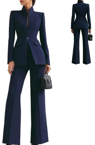 Trajes de negocios para mujer, elegante, cuello alto, blazer de pierna ancha, conjunto de pantalones casuales de negocios, conjuntos de trabajo profesional, conjunto de ropa para mujer, azul, XL