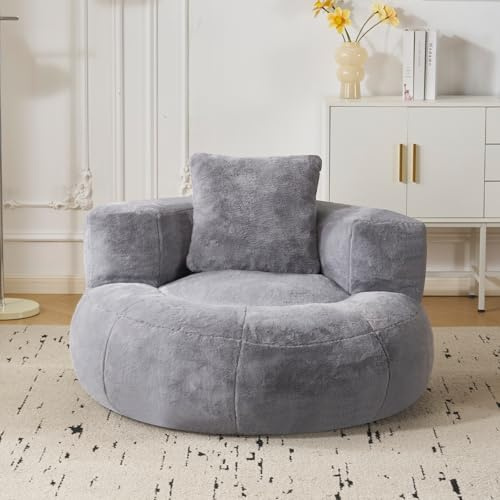 Fiximaster Sitzsack Erwachsene mit Füllung, Geräuschloser Runder Bean Bag mit Schaumstoff-Schnitzeln, Lesesessel & Gaming Sessel, Premium Kaninchenplüsch in Blütenform mit Kissen,Grau