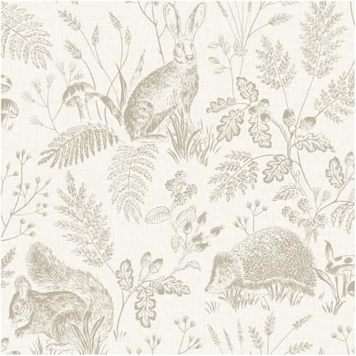 Sample for Woodland Animals Wallpaper Neutral Nature Forest Animal with Hare Hedgehog Squirrel Botanical Leaf Pattern Rustic Country Style Feature Wall for Living Room Bedroom Hallway Decor