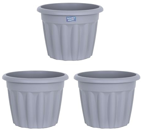 Homey Mart Vista 40cm Round Planter Upcycled Grey – Lightweight Indoor & Outdoor Plant Pot, Weather Resistant Garden Planter, Drainage Ready Design 12L Capacity - 3-Pack