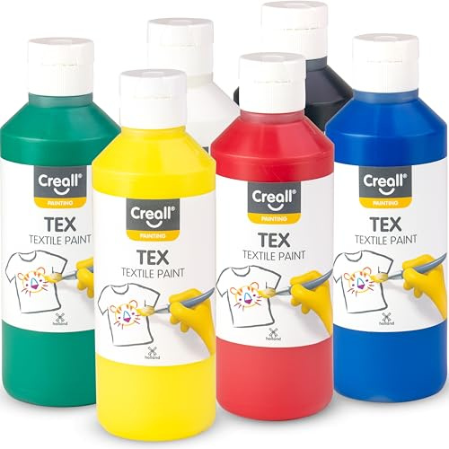 Creall Textil- & Stoffmalfarbe | Sortiment 6 x 250 ml Gelb, Rot, Blau, Grün, Weiß und Schwarz | Waschmaschinenfest nach Fixierung | Für T-Shirts, Jeans, Schuhe, Stofftaschen, Möbel