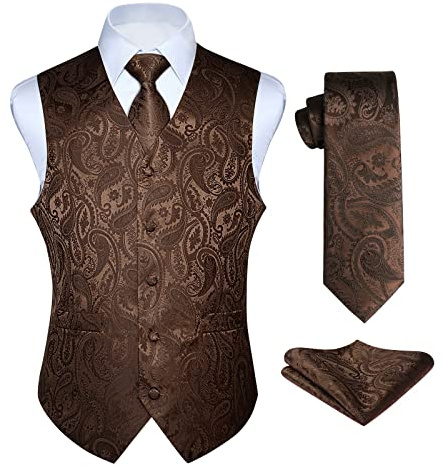 Enlision Anzugweste braun Herren Hochzeit Paisley Westen und Krawatte Einstecktuch Party Floral Jacquard Anzug Weste Set 3XL
