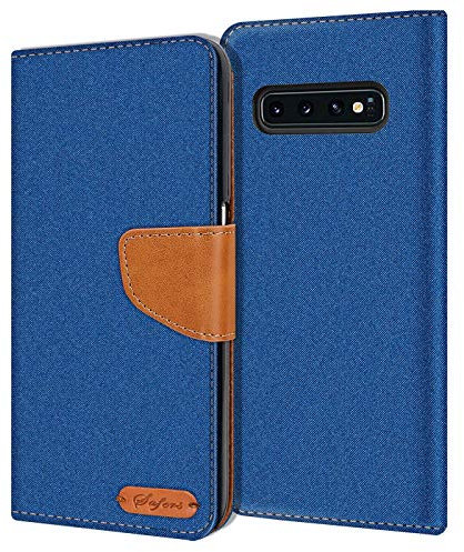 Verco Coque pour Galaxy S10+, Étui Portefeuille Compatible avec Samsung Galaxy S10 Plus Case Textures de Fibre Housse de Protection, Bleu
