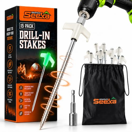 15-Pack 8 Heavy Duty Screw in Tent Stakes, Drill-In Ground Anchor Pegs, Includes Hex Head Driver & Storage Bag